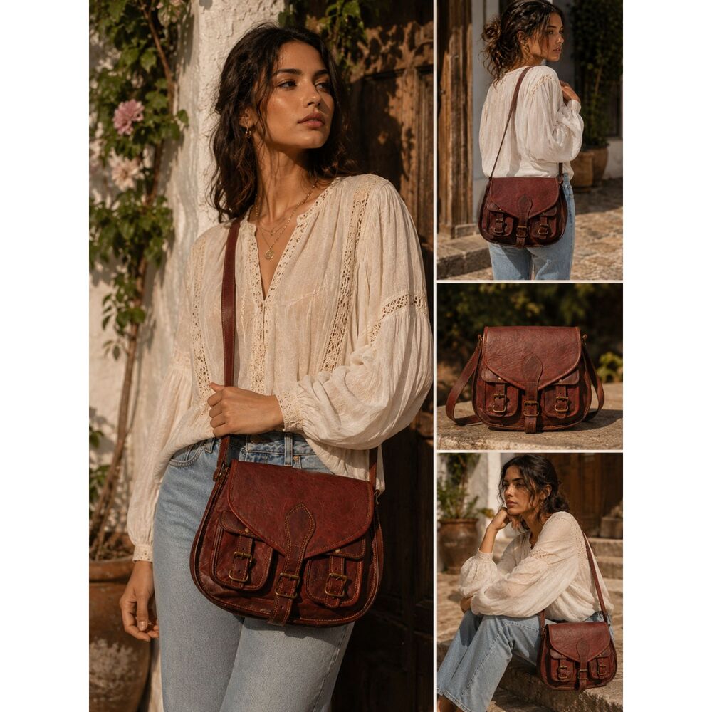 Vintage Handmade Leather Satchel Crossbody Bag Brown Rustic Boho Messenger Purse